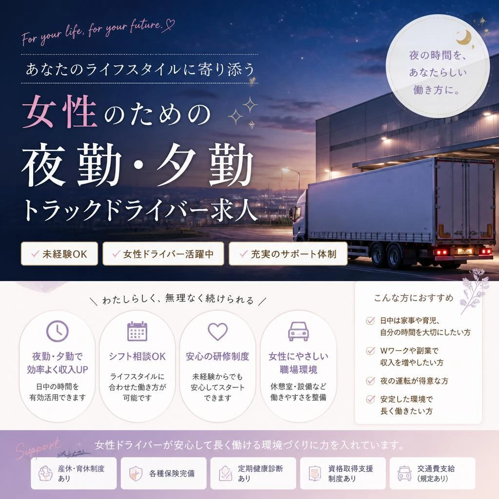 あなたのライフスタイルに寄り添う、女性のための夜勤・夕勤トラックドライバー求人